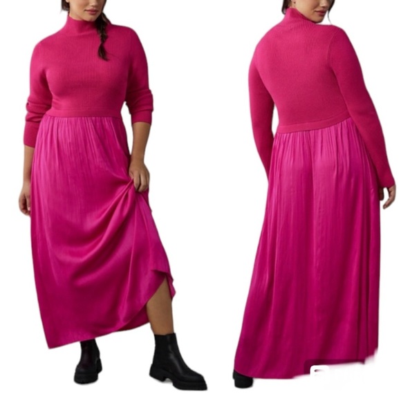 NWT ANTHROPOGIE Thea Twofer Sweater Dress XXS hot pink pleated - Picture 1 of 10